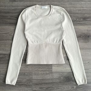 BABATON Sculpt Knit Empire Waist Long Sleeve Top Small Beige Corset Ribbed Fall